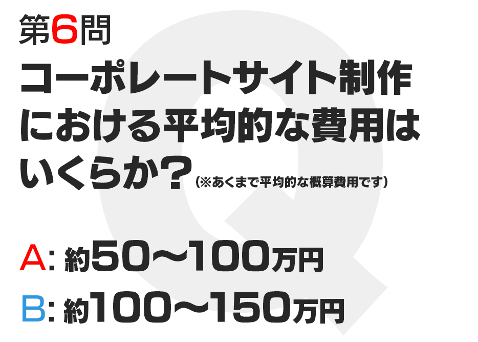 コーポレートサイト制作における平均的な費用はいくらか？（※あくまで平均的な概算費用です）  A:約50〜100万円  B:約100〜150万円