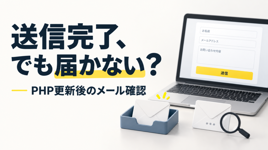 問い合わせフォームと受信箱・封筒を描いた、PHP更新後のメール確認のイラスト